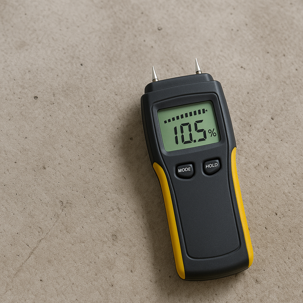 Moisture meter testing concrete subfloor in Dublin