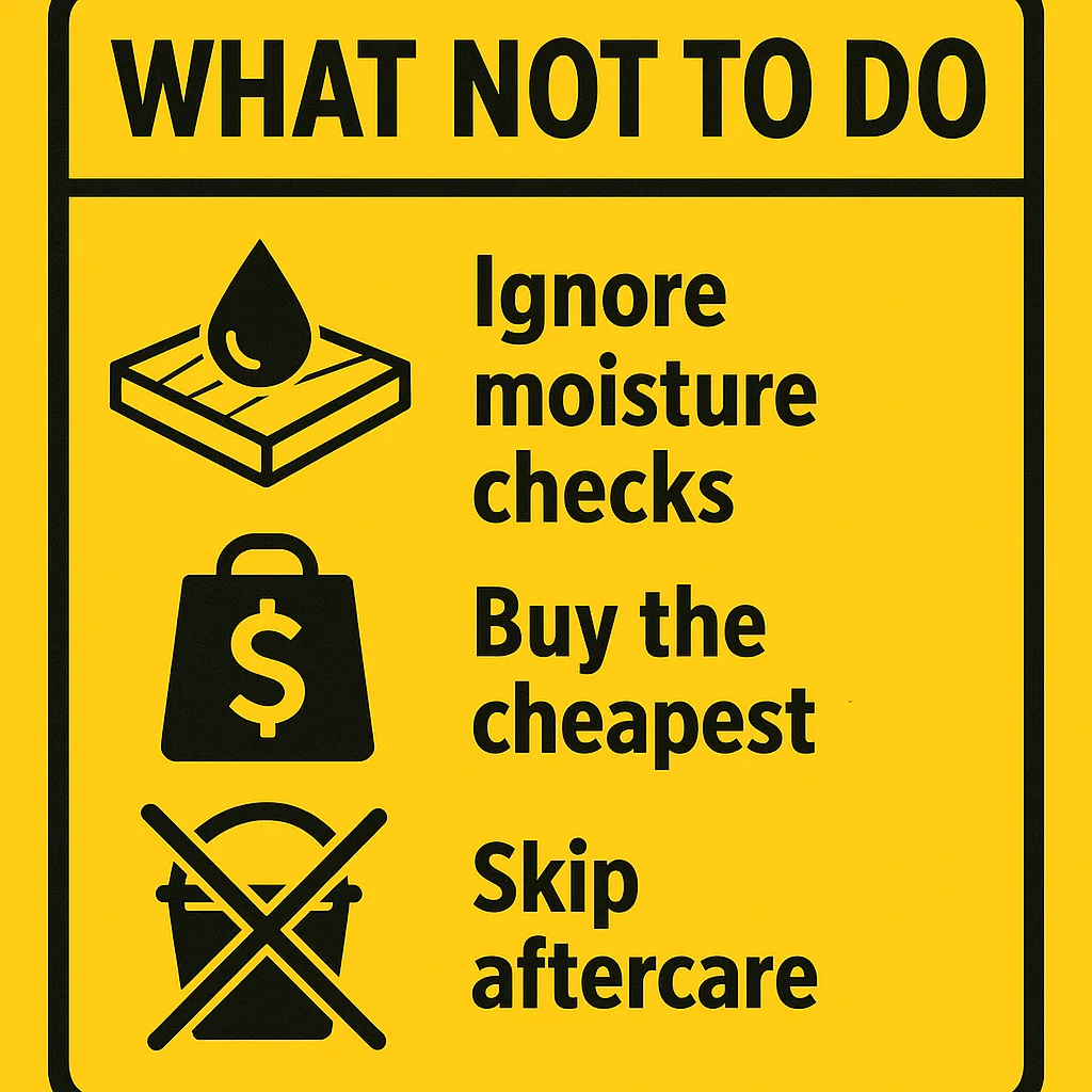 A bright yellow warning sign titled “WHAT NOT TO DO” features three caution icons. The first icon is a water droplet on a wooden plank, labeled “Ignore moisture checks.” The second icon is a shopping bag with a dollar sign, labeled “Buy the cheapest.” The third icon is a crossed-out cleaning bucket, labeled “Skip aftercare.” The design is clean, bold, and easy to read, using black graphics and text for high contrast against the yellow background.