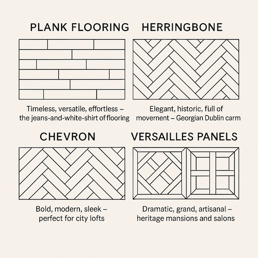 Infographic with four black-and-white line sketches of wood flooring patterns on a beige background. Top left: Plank flooring in horizontal lines, captioned 'Timeless, versatile, effortless – the jeans-and-white-shirt of flooring.' Top right: Herringbone zig-zag pattern, captioned 'Elegant, historic, full of movement – Georgian Dublin charm.' Bottom left: Chevron sharp angled zig-zag, captioned 'Bold, modern, sleek – perfect for city lofts.' Bottom right: Versailles panels intricate square parquet, captioned 'Dramatic, grand, artisanal – heritage mansions and salons.