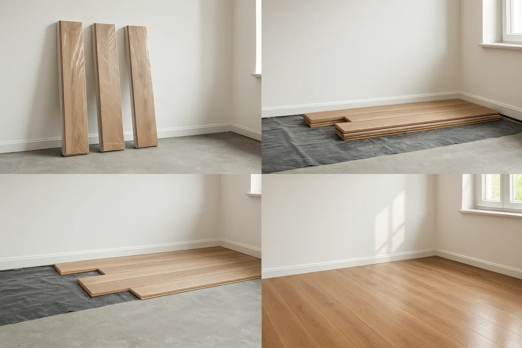 A four-panel photo sequence showing the installation of engineered wood flooring in a bright, white-walled room.

Top left: Three unopened wood planks lean against a wall on a bare concrete floor.

Top right: The planks are stacked flat on top of a dark moisture barrier, laid out in the room.

Bottom left: The first few rows of flooring are partially installed over the barrier.

Bottom right: The completed wood floor gleams in sunlight from a nearby window, with a smooth, polished finish.