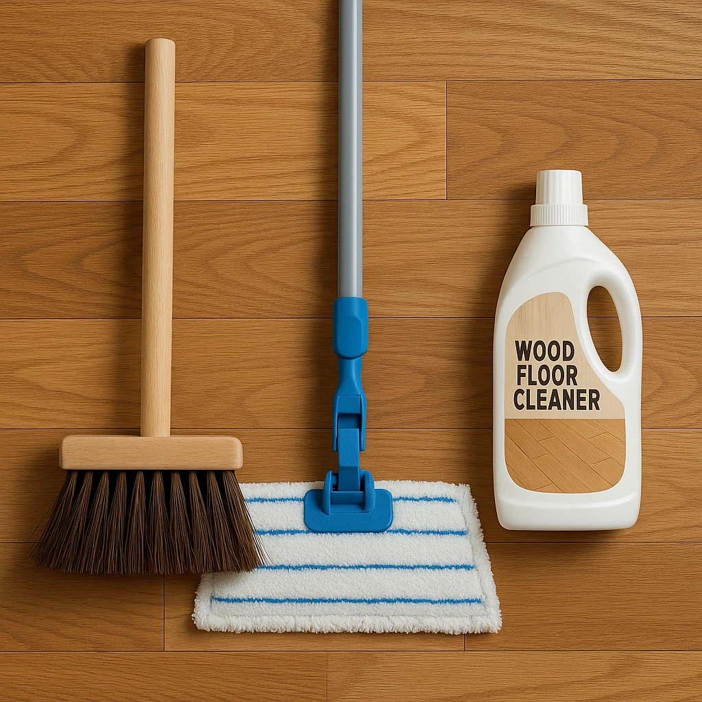 Flat-lay of wood floor cleaning essentials on a warm-toned hardwood floor. From left to right: a natural bristle broom with a wooden handle, a microfiber mop with a blue plastic head, and a white bottle labeled "Wood Floor Cleaner" with a wood-patterned design. The tools are neatly arranged, evoking a tidy and practical home cleaning setup.