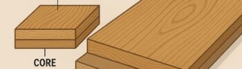 Diagram showing the three layers of engineered wood flooring — top hardwood veneer, stabilising core layers, and backing layer — with a close-up view highlighting natural wood grain.