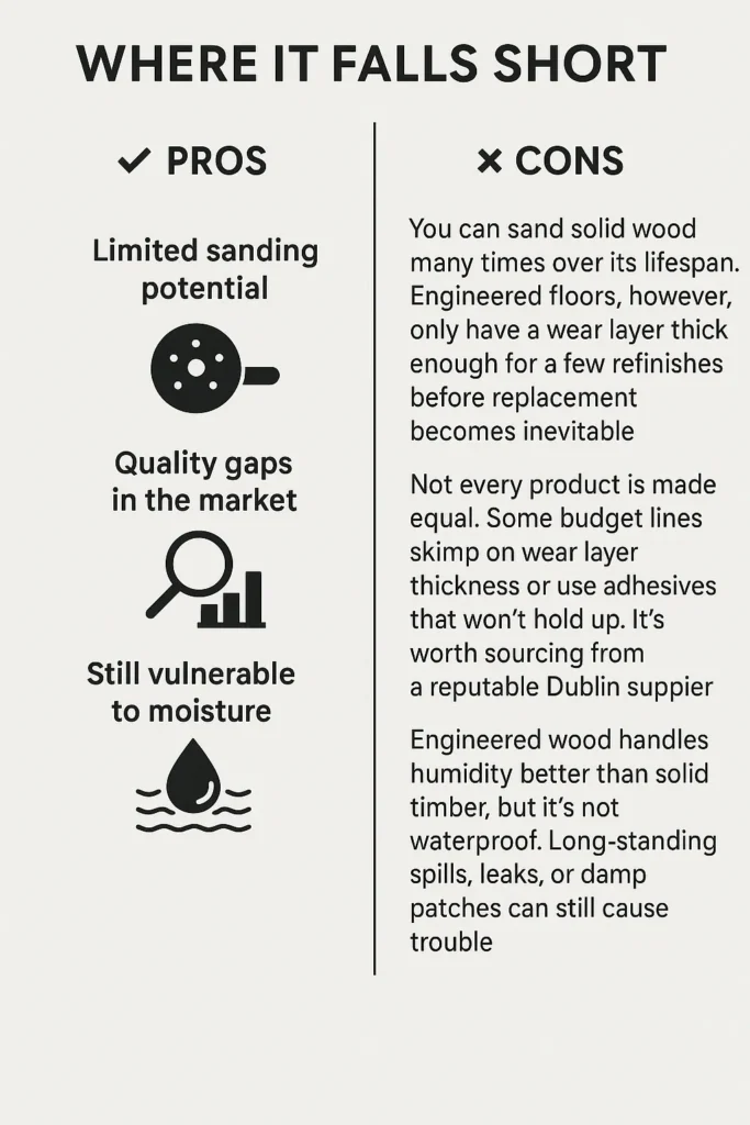 Infographic titled 'Where It Falls Short' comparing pros and cons of engineered wood flooring. On the left, under a '✔ PROS' heading, three points are listed with icons: 'Limited sanding potential' with a sanding disc icon, 'Quality gaps in the market' with a magnifying glass and bar chart icon, and 'Still vulnerable to moisture' with a water droplet icon. On the right, under an '✖ CONS' heading, detailed text explains that engineered wood has limited refinishing ability, varying quality across products, and remains susceptible to moisture damage.