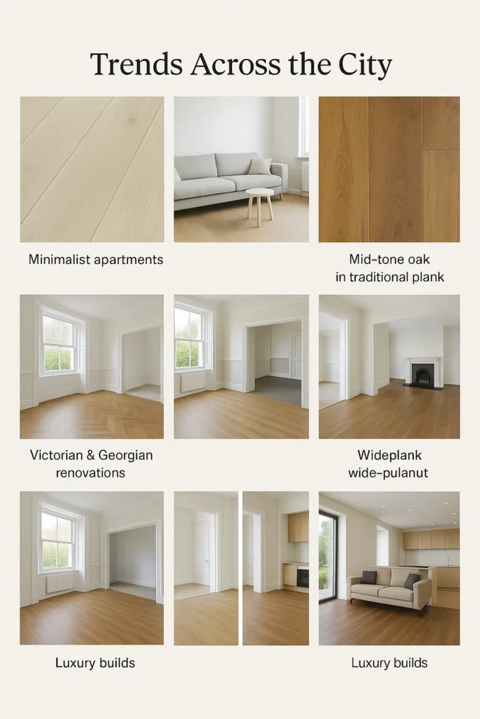 Infographic titled 'Trends Across the City' showing six panels of Dublin home interiors with different flooring styles. Top row: minimalist apartments with pale oak floors (close-up and full-room shot), and mid-tone oak in traditional plank. Middle row: Victorian & Georgian renovations with herringbone mid-tone oak, classic plank mid-tone oak, and another mid-tone oak room with a fireplace. Bottom row: luxury builds with wide-plank walnut, shown in three modern interiors including bright rooms and an open-plan living space with kitchen and sofa.