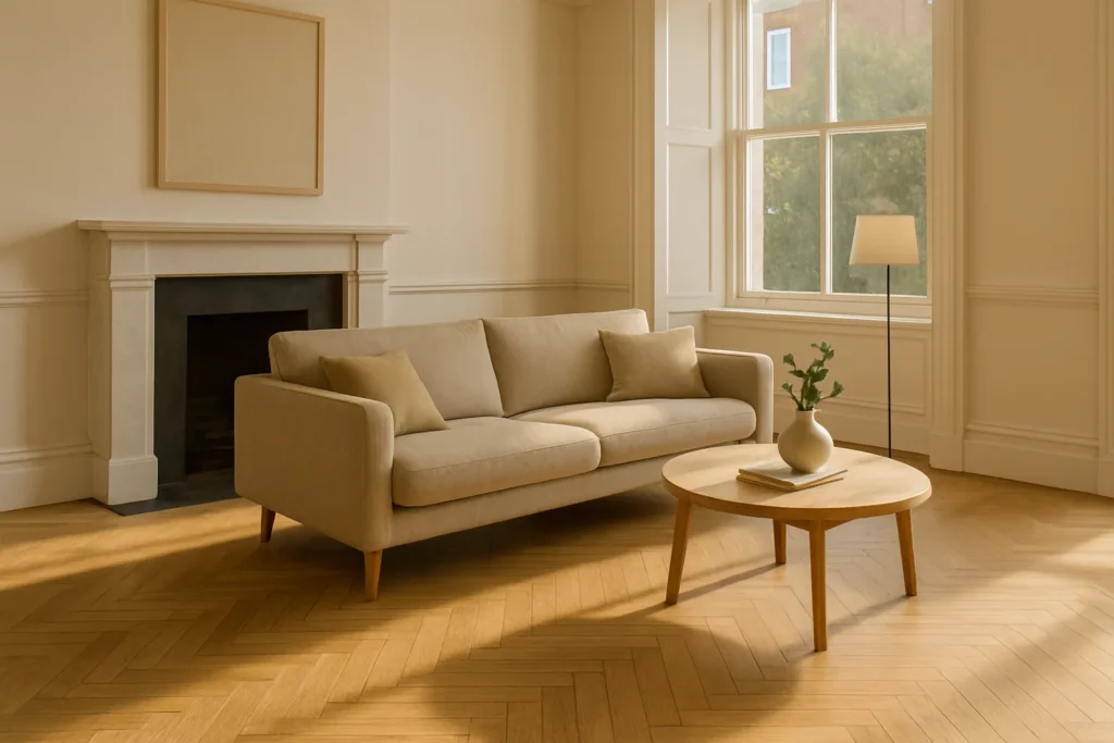 Light oak herringbone parquet flooring in a contemporary Dublin living room.