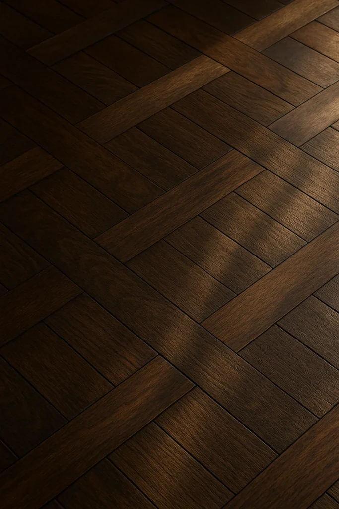 Alt text: “Dark oak basket weave parquet flooring in a Dublin boutique.”