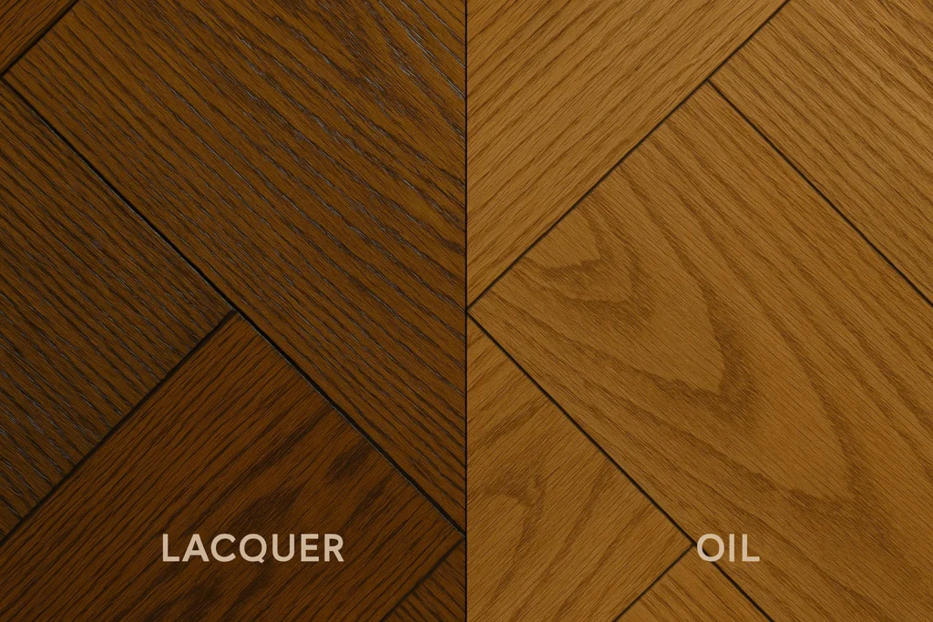 Side-by-side comparison of lacquered and oiled parquet flooring finished