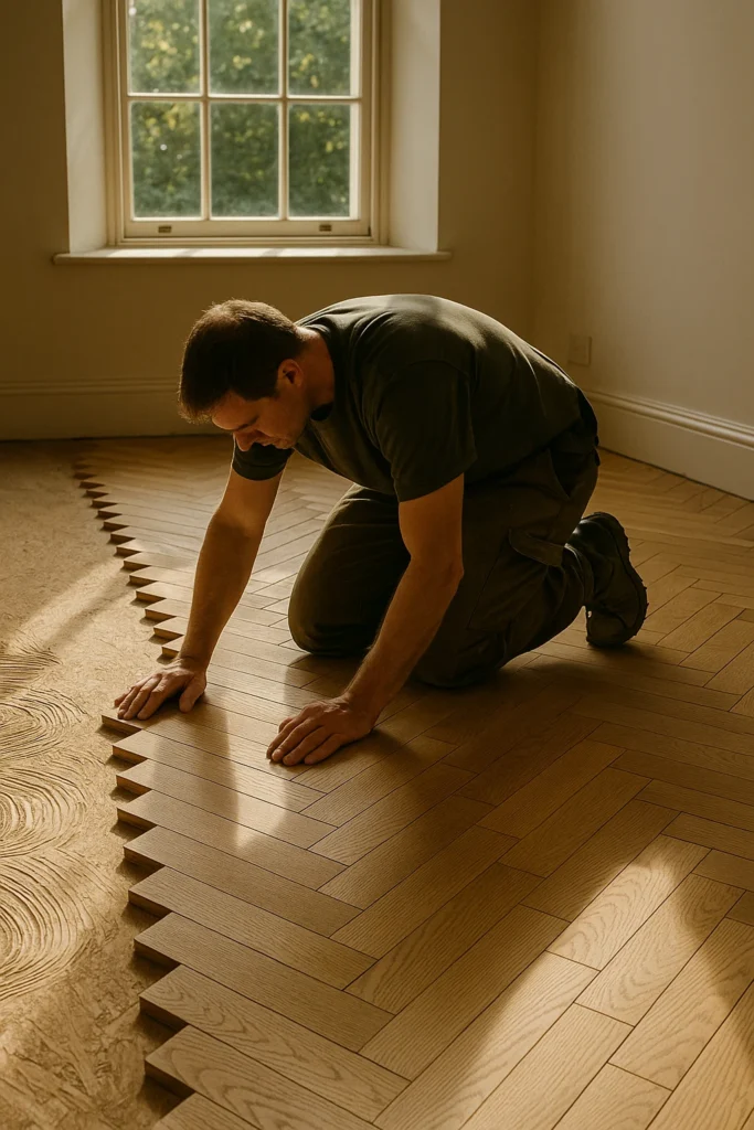 FBS Flooring installer laying herringbone parquet in a Georgian Dublin home.