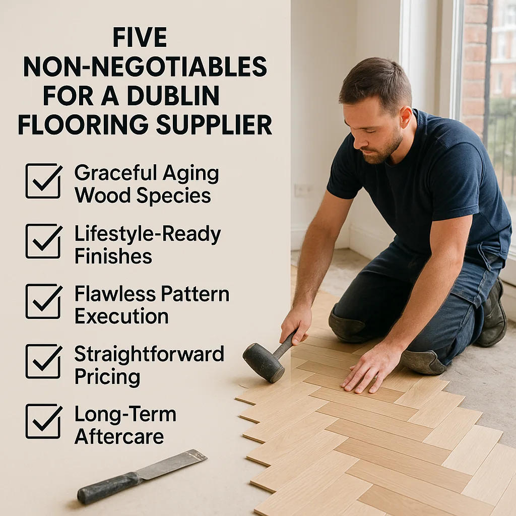 A flooring installer in navy workwear is fitting a light oak herringbone floor in a modern, bright townhouse. Beside him is a bold infographic titled “Five Non-Negotiables for a Dublin Flooring Supplier,” listing: Graceful Aging Wood Species, Lifestyle-Ready Finishes, Flawless Pattern Execution, Straightforward Pricing, and Long-Term Aftercare — each with a checkmark icon.