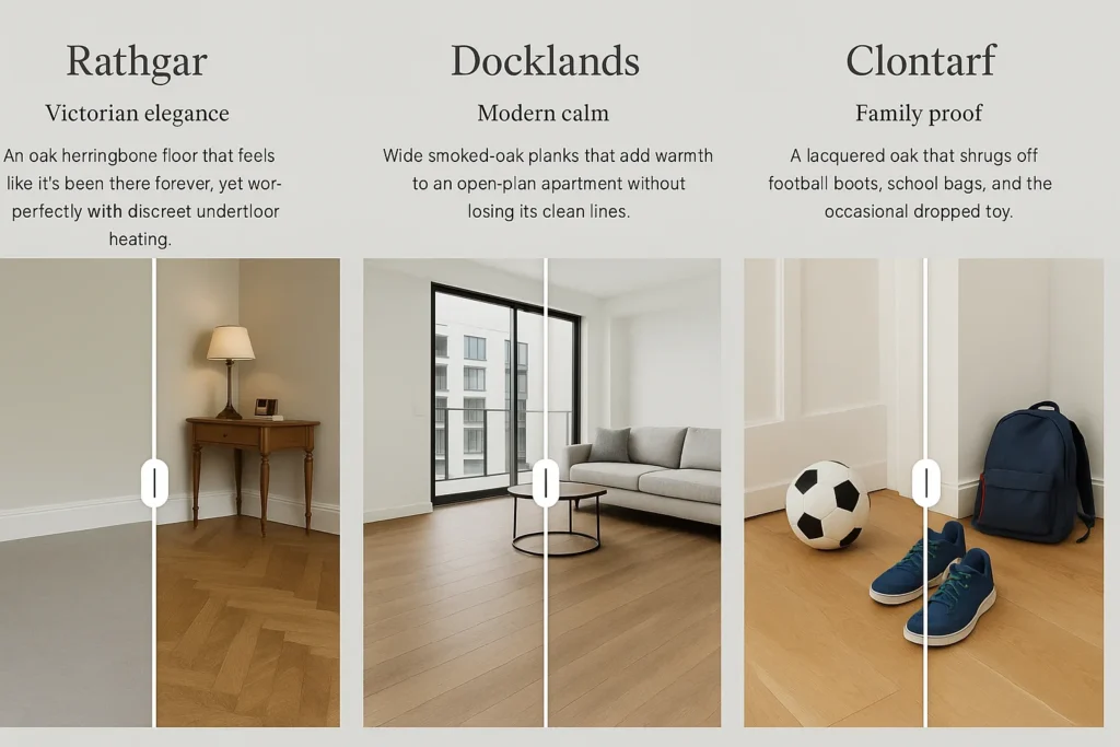 Alt text:
A triptych-style image showing three side-by-side interior scenes with vertical before-and-after sliders highlighting different oak flooring styles.

Left (Rathgar – Victorian elegance): A traditional room with a small wooden side table and lamp. The left half shows a plain beige carpet; the right half reveals a classic oak herringbone floor with warm tones and a timeless look.

Middle (Docklands – Modern calm): A minimalist open-plan living room with a neutral-toned sofa and large window. The left side has a bare concrete-style floor; the right side shows wide smoked-oak planks, adding warmth while maintaining clean lines.

Right (Clontarf – Family proof): A child-friendly space with a football, sneakers, and a blue backpack. The left half displays a dull floor surface; the right side features a lacquered oak floor, durable and clean, suitable for active family life.