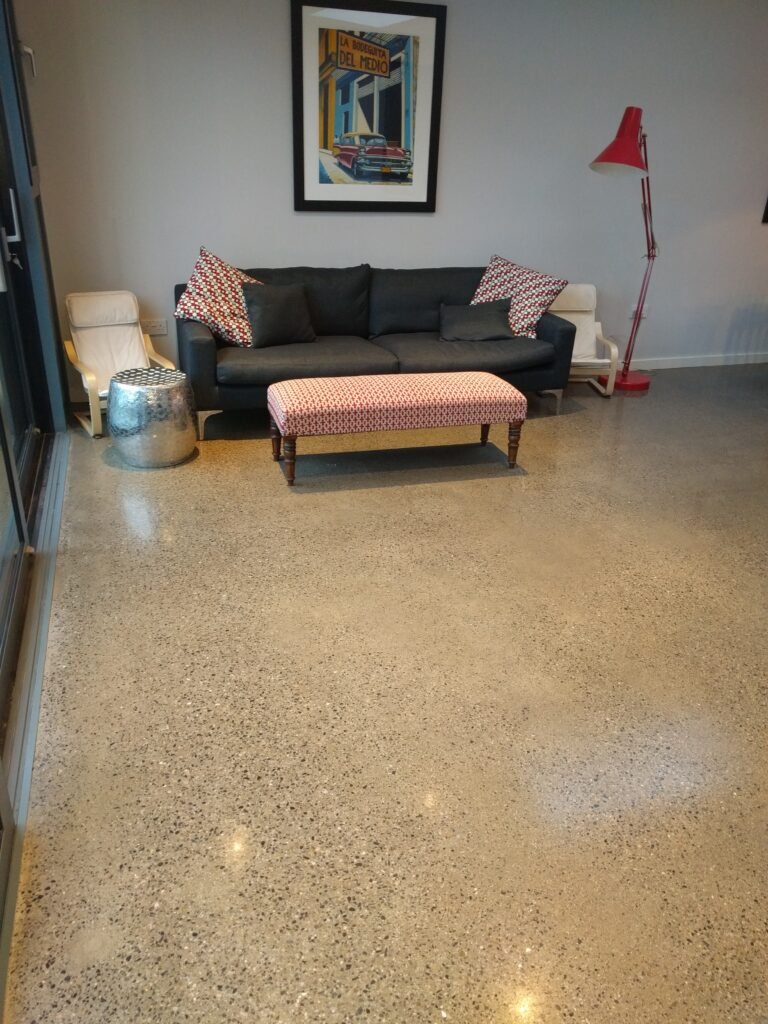 Modern Irish living room with polished concrete floor installed by FBS Flooring