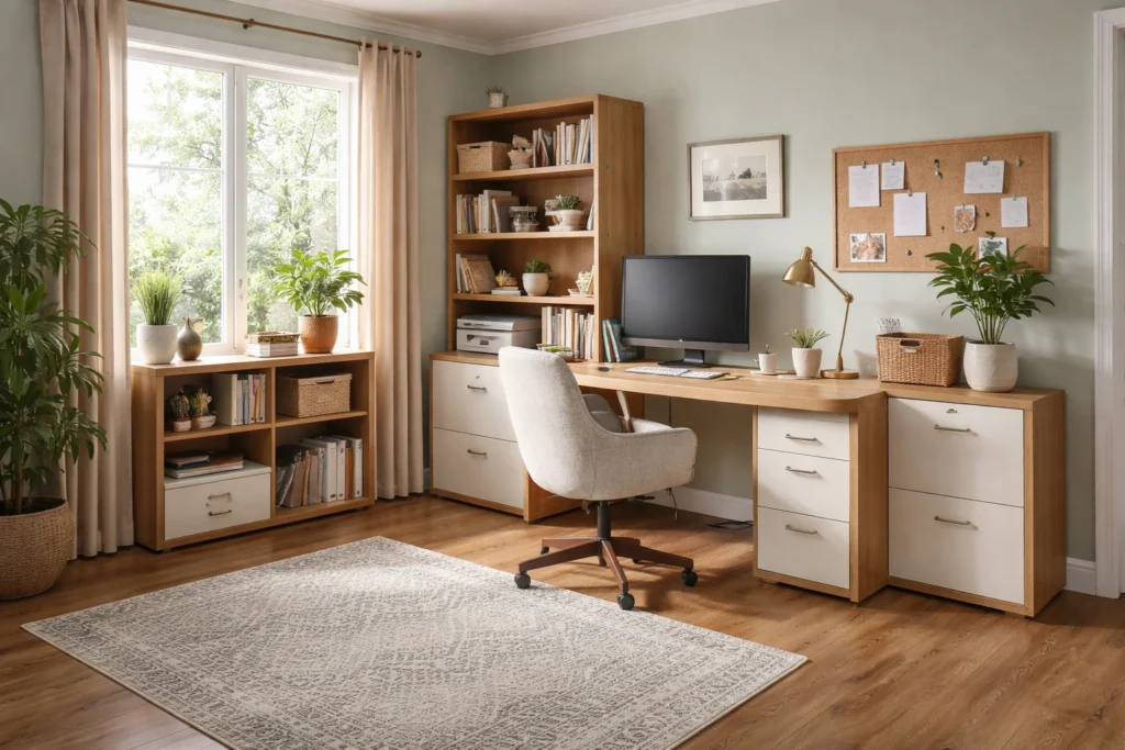 Upstairs home office in an Irish house with practical flooring