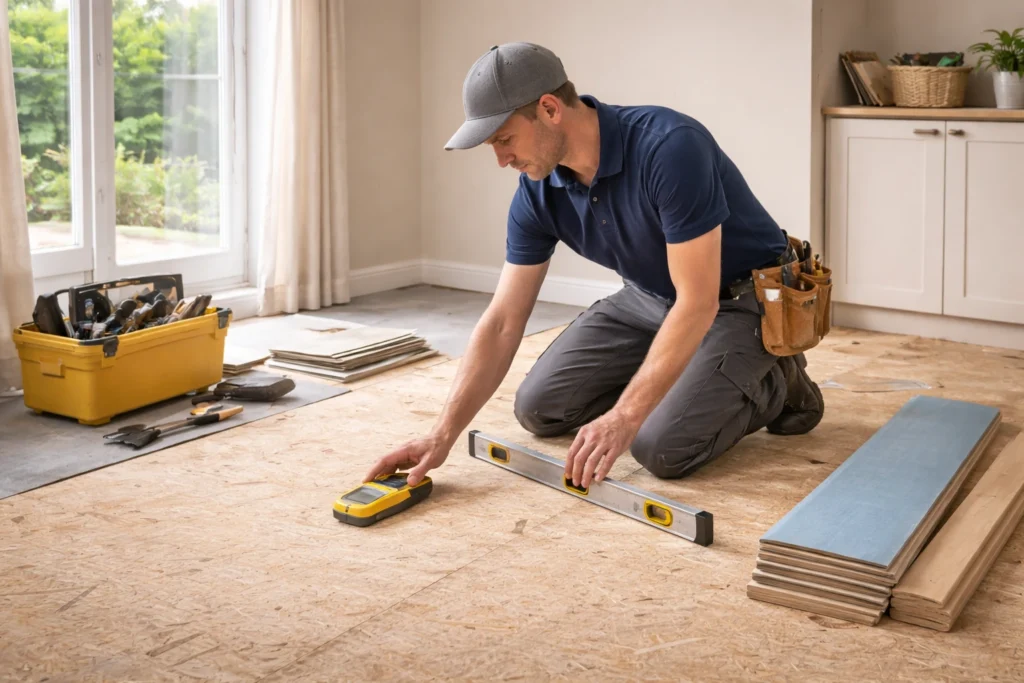 Subfloor preparation and moisture checking before flooring installation in Ireland