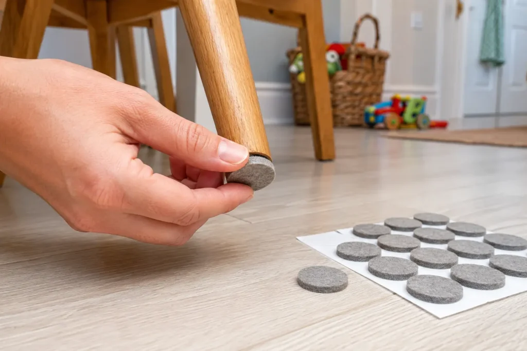 Felt pads protecting child-friendly flooring from scratches in an Irish home