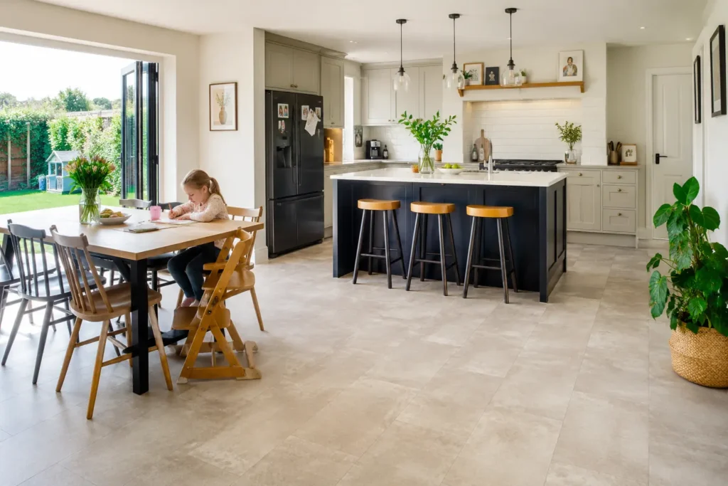 Slip-resistant, low-VOC child-friendly flooring with a soft rug for safe play