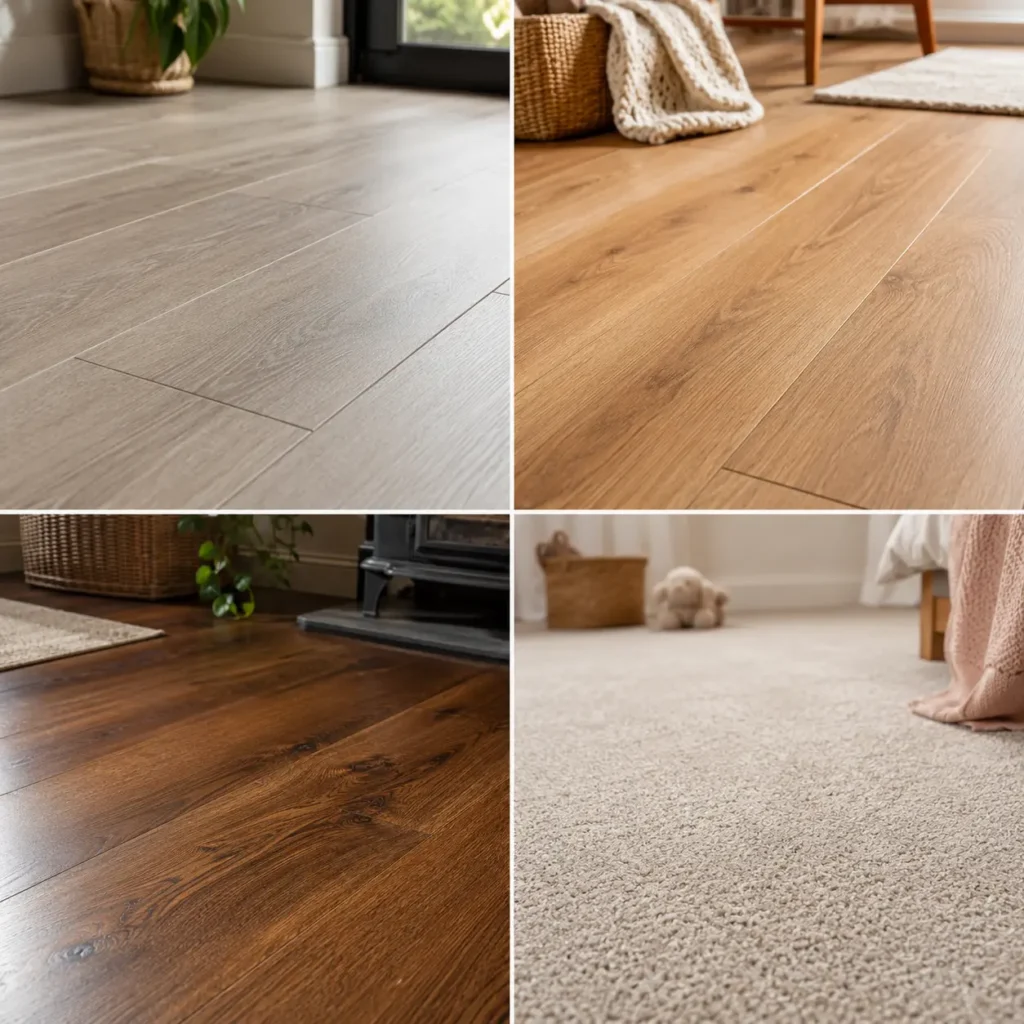 Comparison of family-friendly flooring types in Ireland, including LVT, laminate, engineered wood, and carpet.