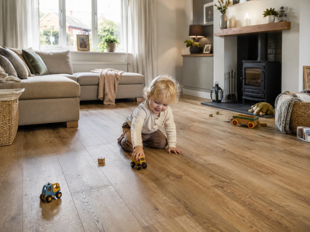 Toddler playing on durable wood-look flooring in an Irish family living room
