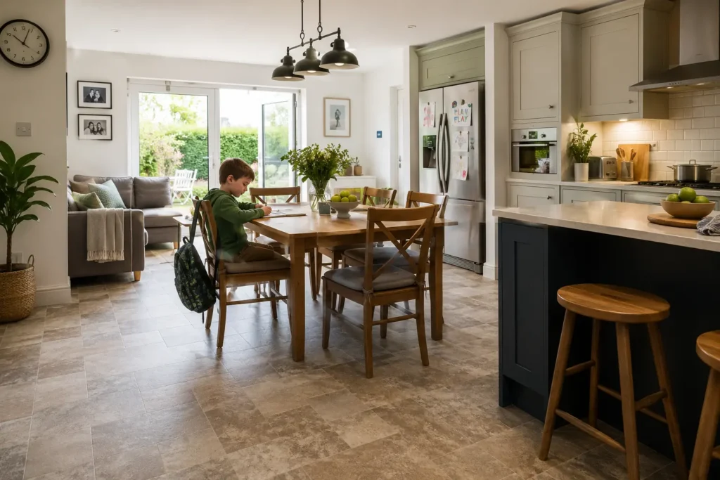 Room-by-room family flooring in an Irish open-plan kitchen-diner