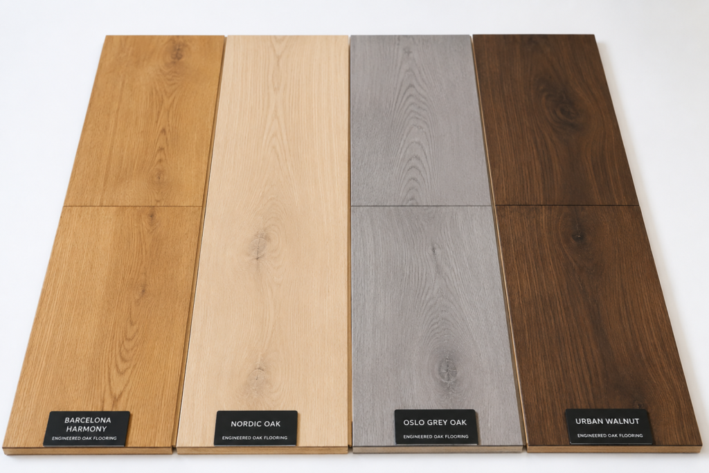 Barcelona Harmony vs Nordic Oak vs Oslo Grey Oak vs Urban Walnut flooring samples compared side by side