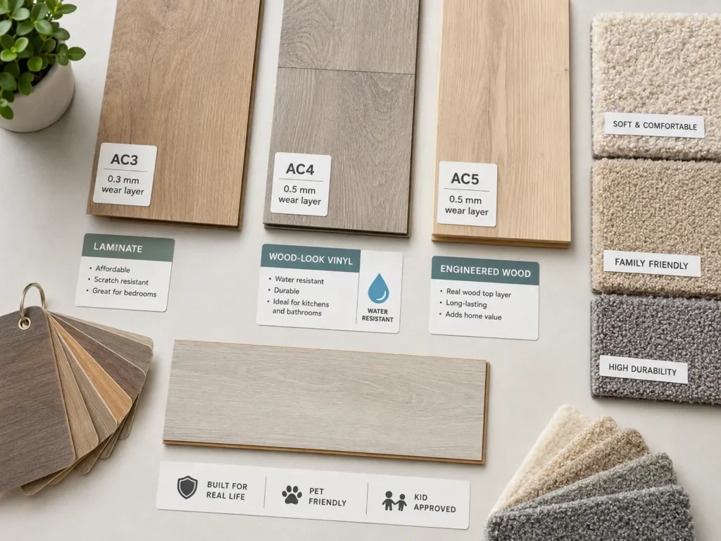 Flooring samples showing AC ratings and wear layers for child-friendly flooring