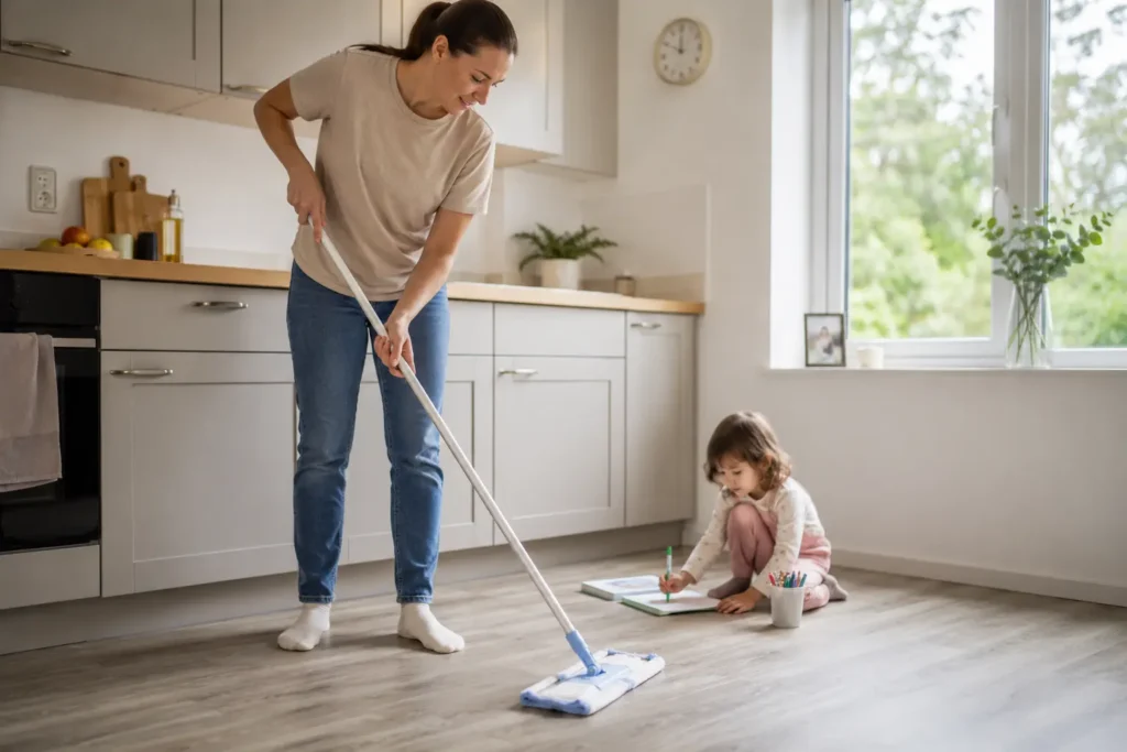 Easy-clean flooring for families with children in Ireland being damp mopped