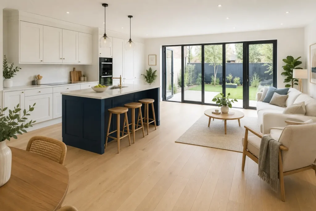 Nordic Oak flooring in a modern Irish open-plan kitchen with natural light