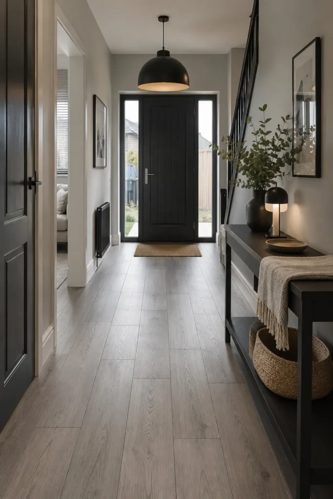 Oslo Grey Oak flooring in a modern Irish hallway with matte black accents