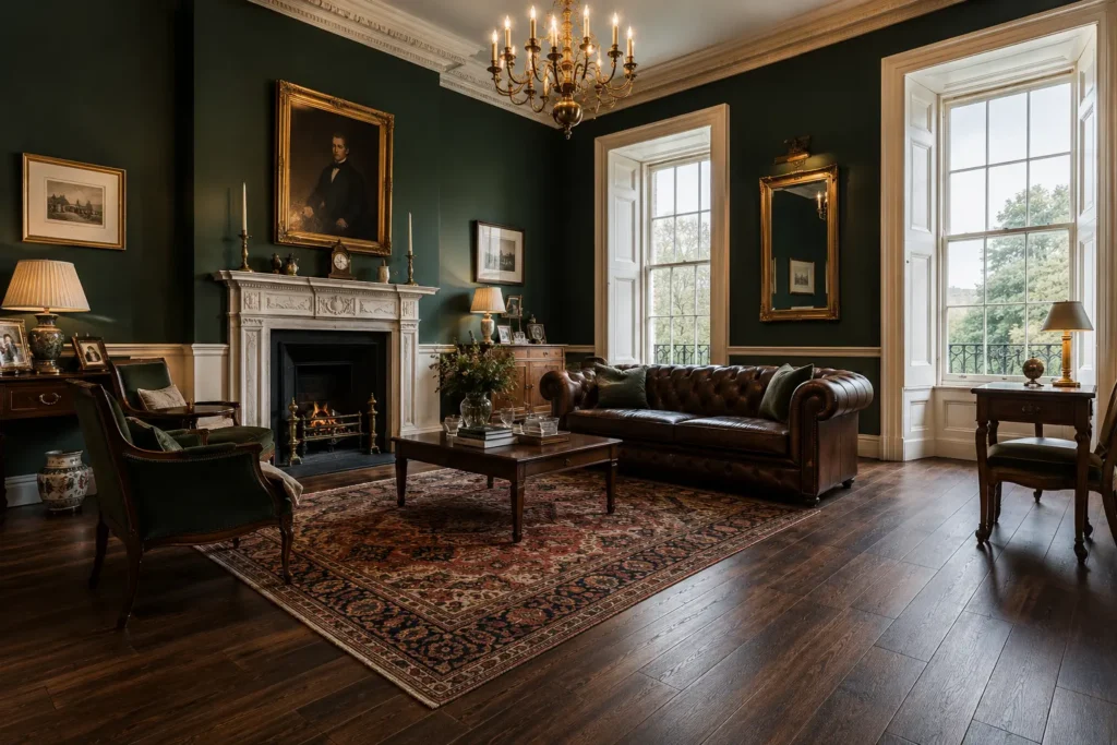 Urban Walnut engineered flooring in a Georgian Irish drawing room with green walls
