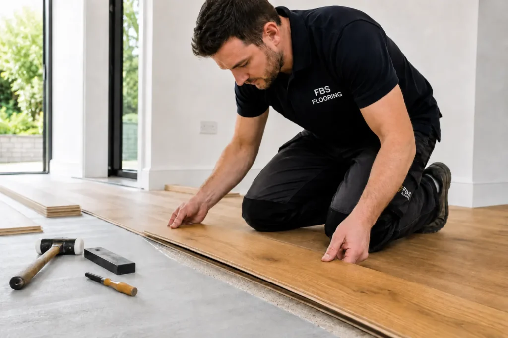 FBS Flooring installer fitting engineered oak flooring in an Irish home