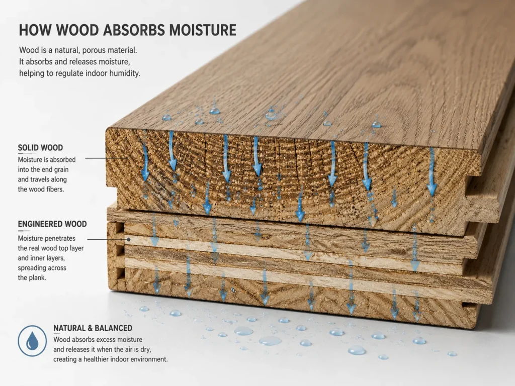 Close-up of an engineered wood plank showing the timber layers that absorb and release moisture.