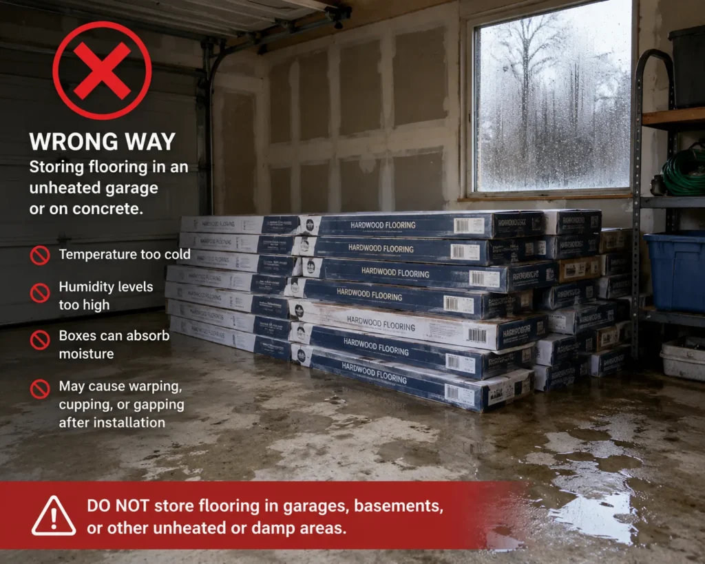 Flooring packs incorrectly stored in a cold garage, a common acclimatisation mistake.