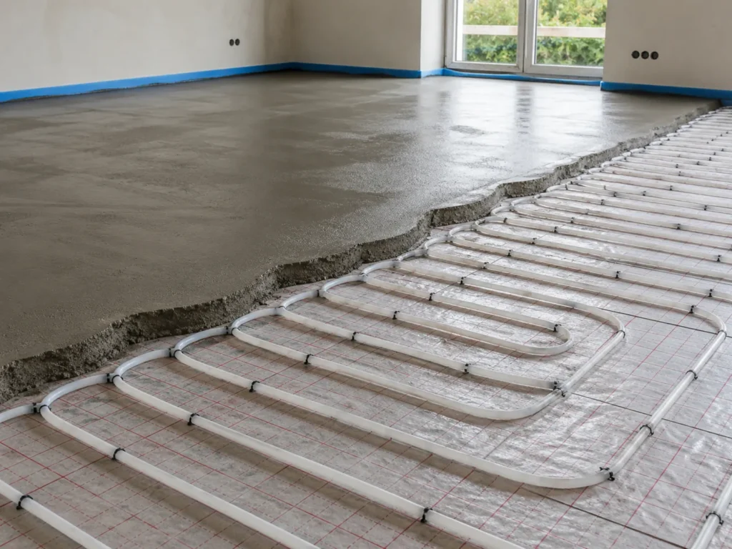 Underfloor heating pipes set in screed, which must be cured and commissioned before fitting flooring.