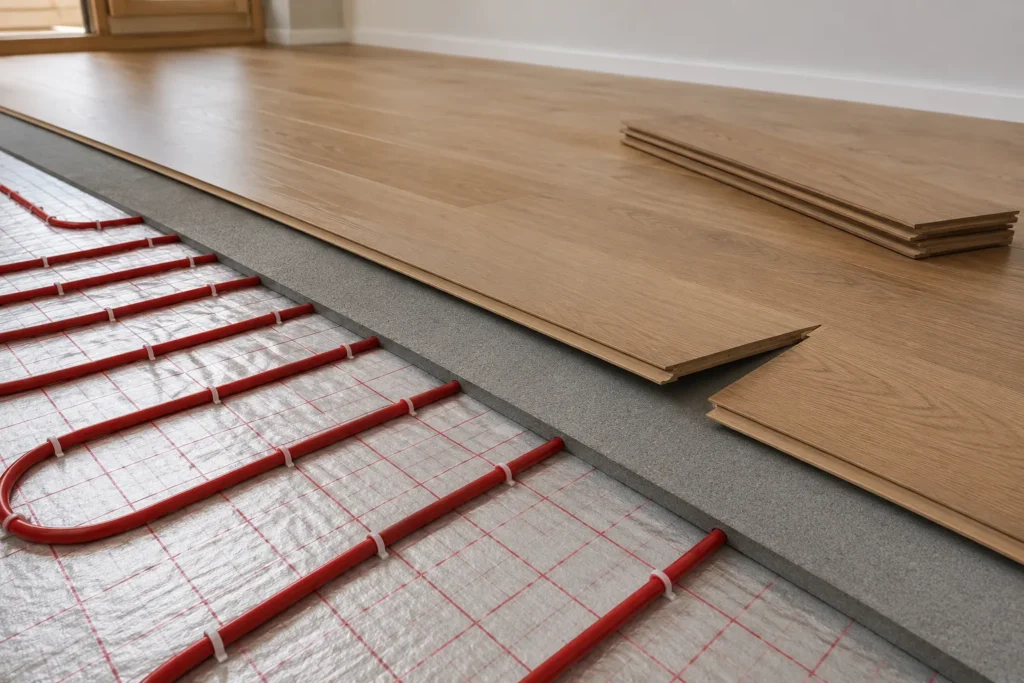 SPC flooring being installed over underfloor heating