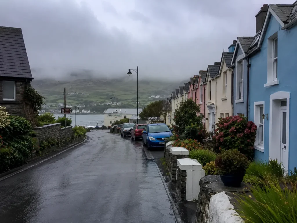 Damp, overcast Irish street illustrating the high humidity that affects flooring acclimatisation in Ireland.