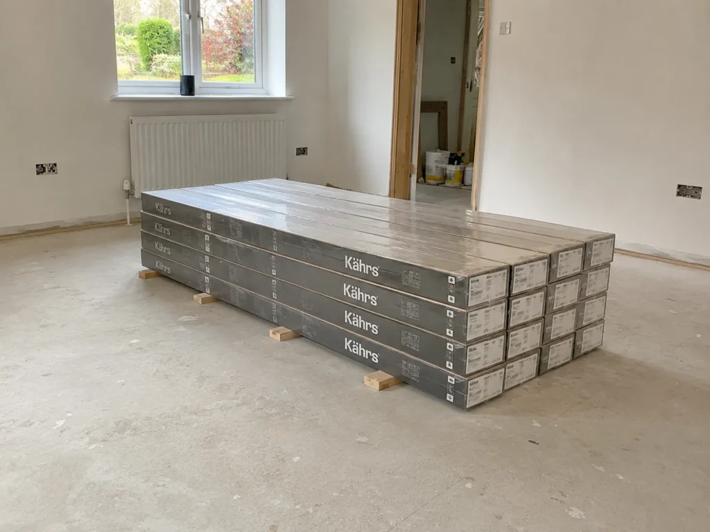 Flooring packs stored flat inside the installation room, acclimatising before being fitted.