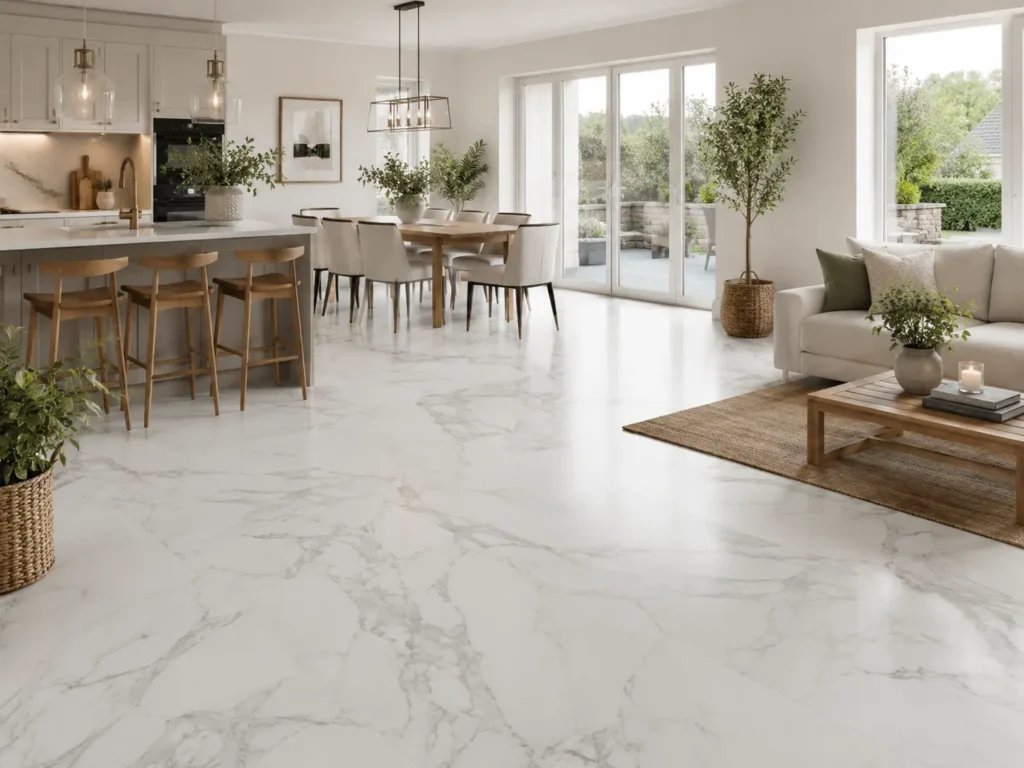 Stone and marble effect flooring in Ireland – Carrara-look open-plan living room