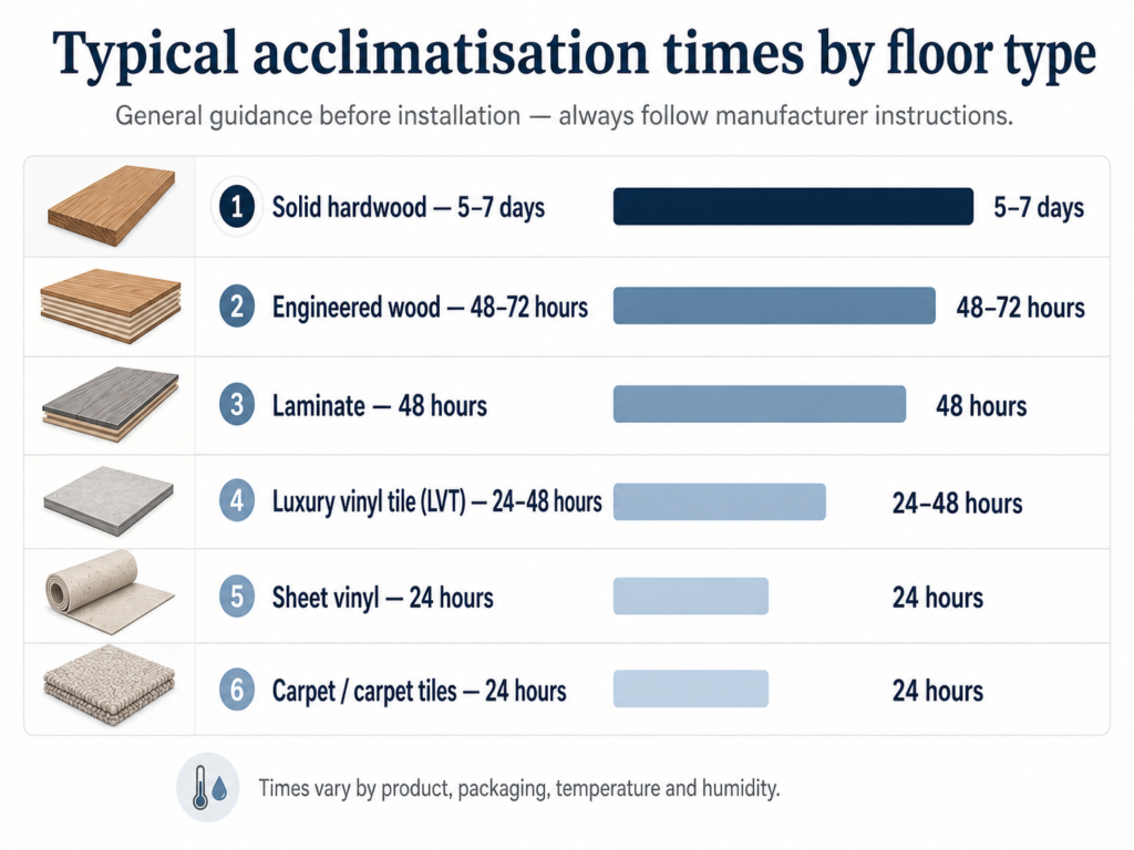 Chart comparing acclimatisation times for hardwood, engineered, laminate and vinyl flooring in Ireland.