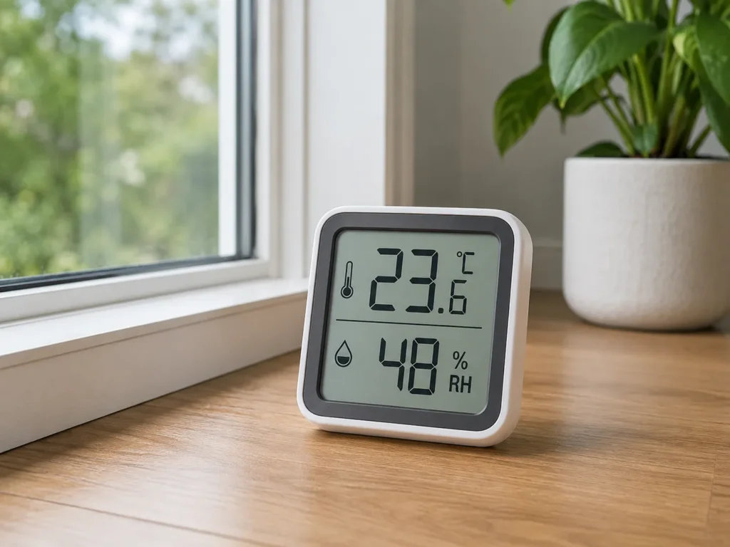 Digital hygrometer showing indoor temperature and humidity during flooring acclimatisation.