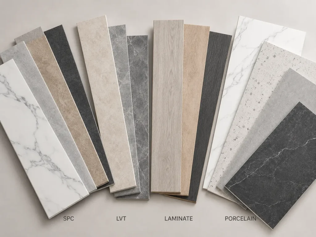SPC, LVT, laminate and porcelain stone-effect flooring samples compared