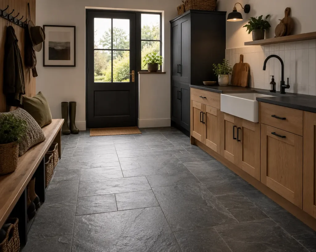 Charcoal slate-effect SPC flooring in an Irish kitchen with timber accents