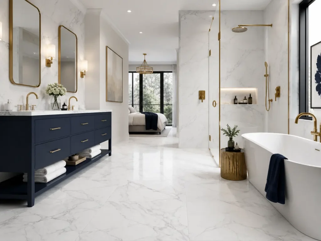 A luxe bathroom or open-plan space with white Carrara marble-effect floor, brushed-brass or navy accents, soft lighting.