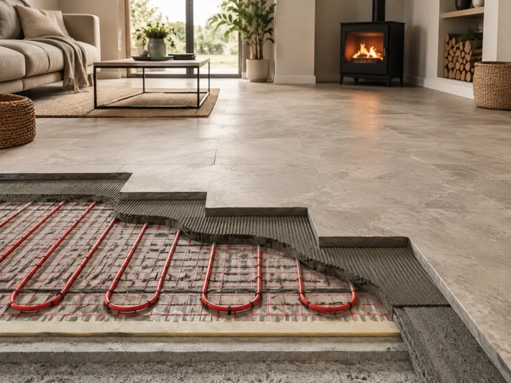 Underfloor heating installed beneath marble-effect flooring
