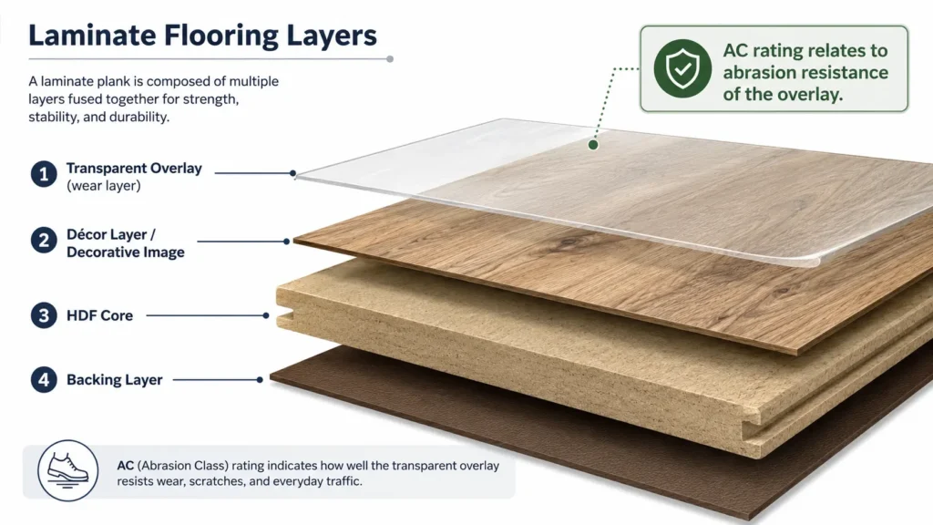 Diagram showing the protective wear layer of laminate flooring