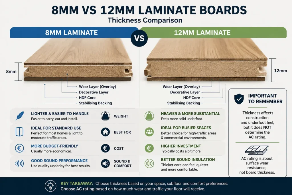 Eight millimetre and twelve millimetre laminate boards compared