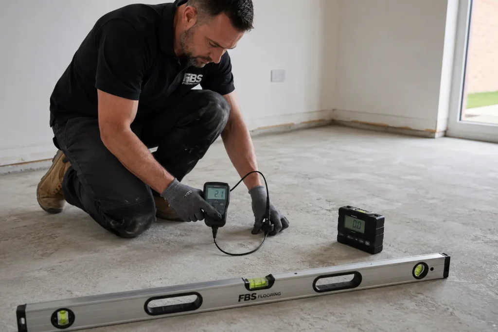 Installer testing a concrete subfloor before laminate fitting