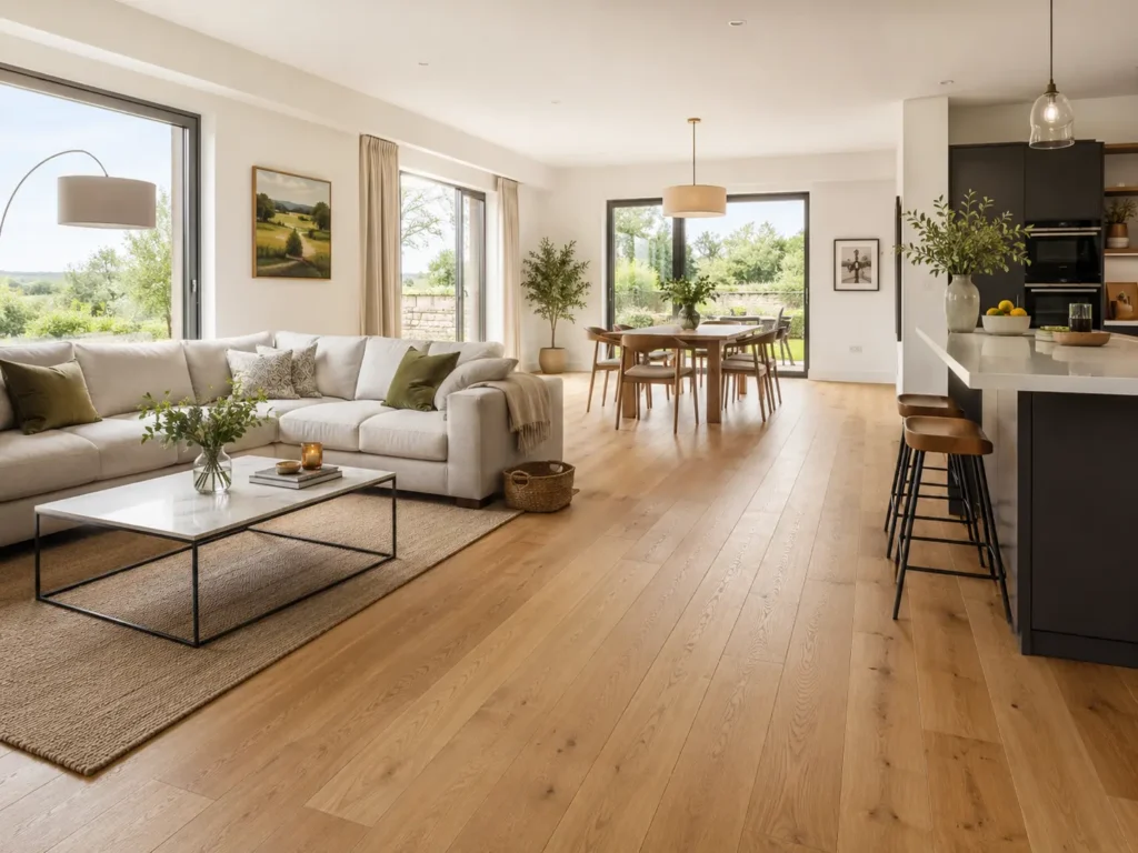 Wide-plank engineered oak flooring in a bright open-plan Irish living room