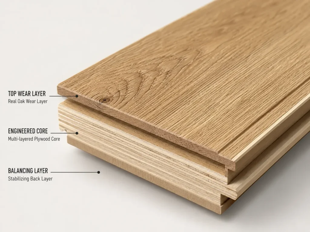 Cross-section of engineered oak flooring showing the oak wear layer and core