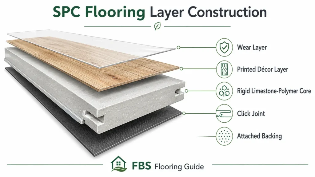 SPC flooring layers showing wear surface, rigid core and attached underlay