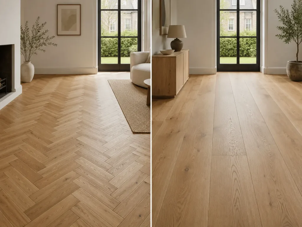 Herringbone oak blocks compared with wide 180mm oak floorboards
