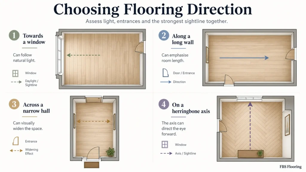 Guide to choosing flooring direction using windows, entrances and room shape